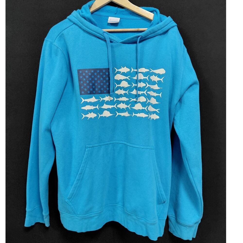Columbia Sportswear Company PFG Blue Hoodie Graphic Print Knit Size L